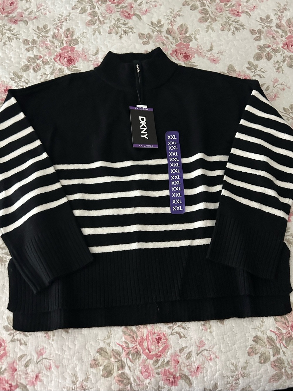 DKNY Black and White Striped Half-Zip Cozy Mock Neck Sweater
